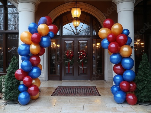Festive Celebration at Grand Entrance: Balloons Frame Door with Wreaths for an Upscale Event, Elegant Atmosphere