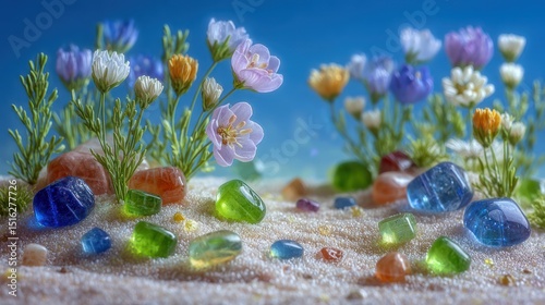 Miniature diorama of colorful flowers and gemstones on sandy beach vibrant and detailed natural scene