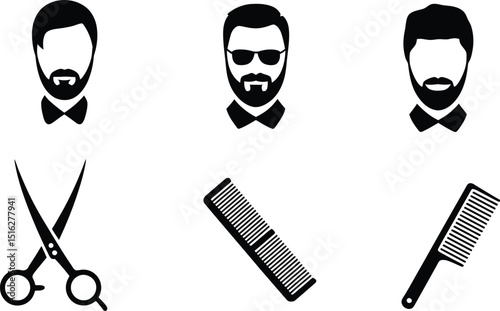 A collection of barber shop themed icons including men, combs, scissors, and a barber pole design