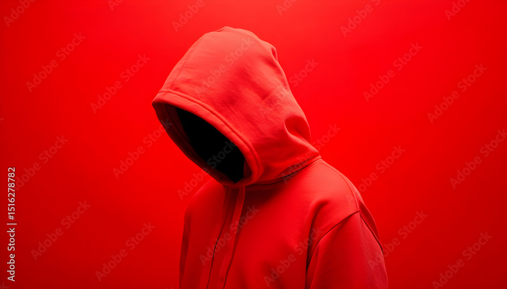 Anonymous person wearing red hoodie against red background. Faceless individual in hooded sweatshirt. Mysterious person, concealed identity, unknown secret. Minimalist fashion, simple design Anonymous person wearing red hoodie against red background. Faceless individual in hooded sweatshirt. Mysterious person, concealed identity, unknown secret. Minimalist fashion, simple design