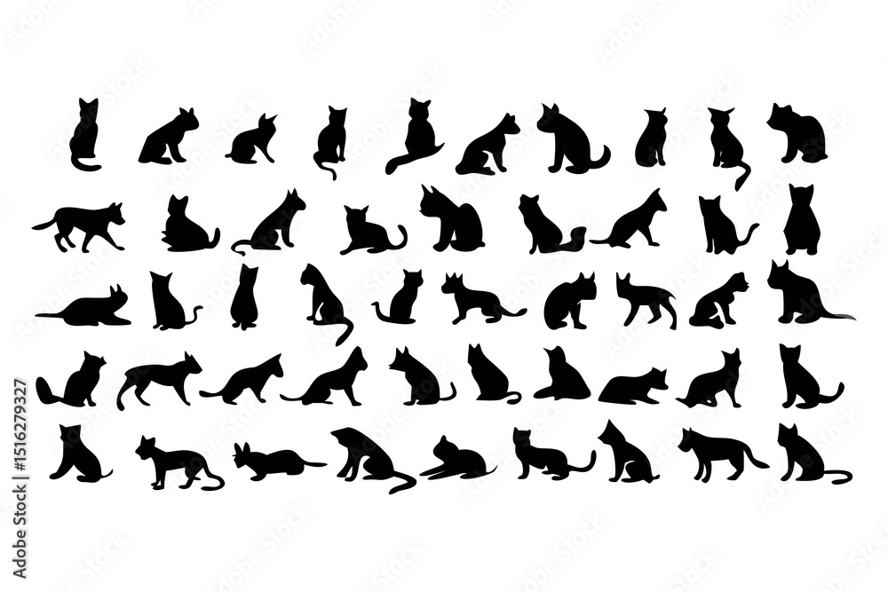 This design features a collection of cat silhouettes in various poses, perfect for animal-themed designs and creative projects. Includes multiple color options. This design features a collection of cat silhouettes in various poses, perfect for animal-themed designs and creative projects. Includes multiple color options.