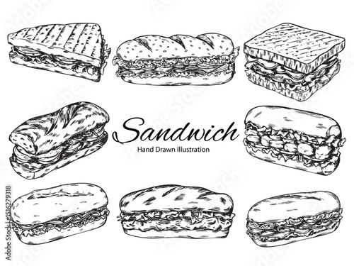 Set of hand drawn sandwiches  and panini outline drawing illustration