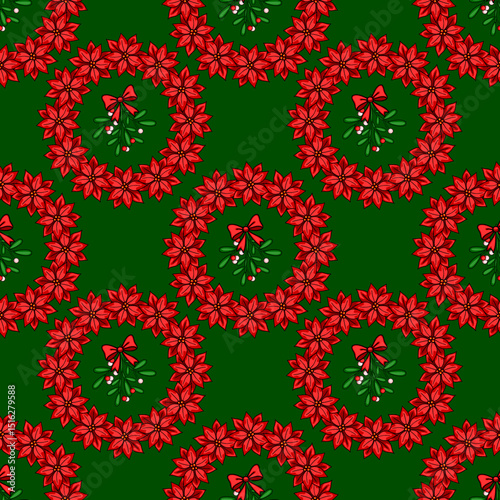 Seamless vector Christmas pattern with red poinsettia wreaths, mistletoe sprigs, and bows on a dark green background, ideal for festive designs and holiday wrapping paper.