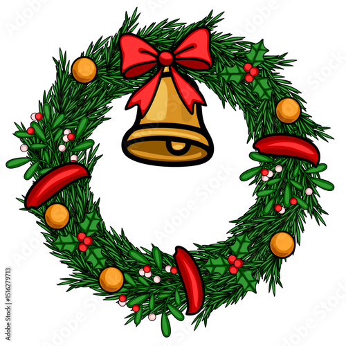 Festive Christmas vector wreath illustration with a golden bell, red bow, fir branches, holly, mistletoe, and orange baubles, perfect for holiday designs.