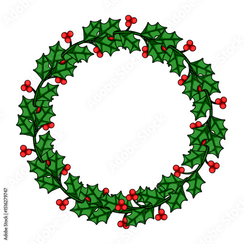 Festive Christmas vector wreath design featuring a circular arrangement of holly leaves and red berries, perfect for holiday invitations or seasonal decorations.