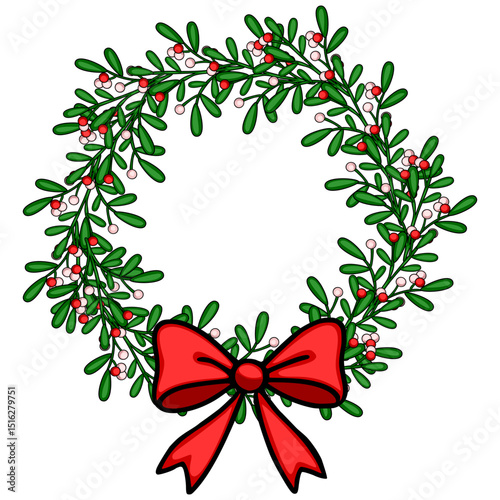 Festive Christmas vector wreath illustration with mistletoe branches and a big red bow, perfect for holiday designs.