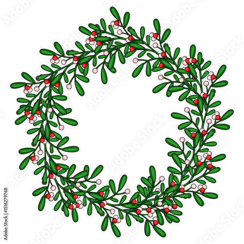 Festive Christmas vector wreath design featuring mistletoe branches with red and pink berries, perfect for holiday cards, invitations, and seasonal decorations.