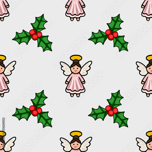 Seamless vector Christmas pattern featuring adorable pink angels with halo and wings, and holly berries, creating a charming and festive design perfect for winter holidays.