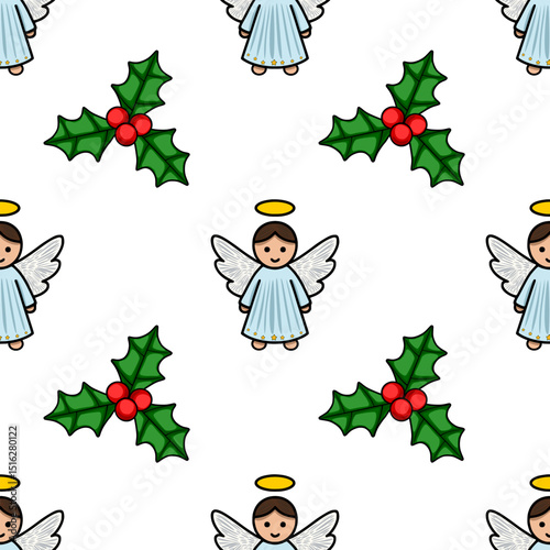 Seamless vector Christmas pattern featuring adorable cherubic angels with halos and sprigs of holly berries, creating a charming and festive design ideal for winter holidays.