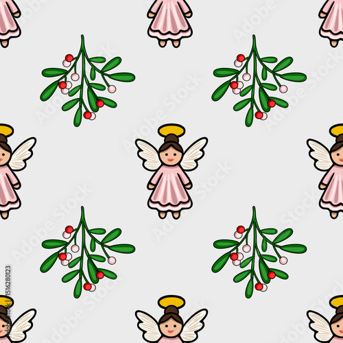 Seamless vector Christmas pattern featuring adorable angels in pink dresses and mistletoe sprigs with red and white berries, creating a charming and festive design.