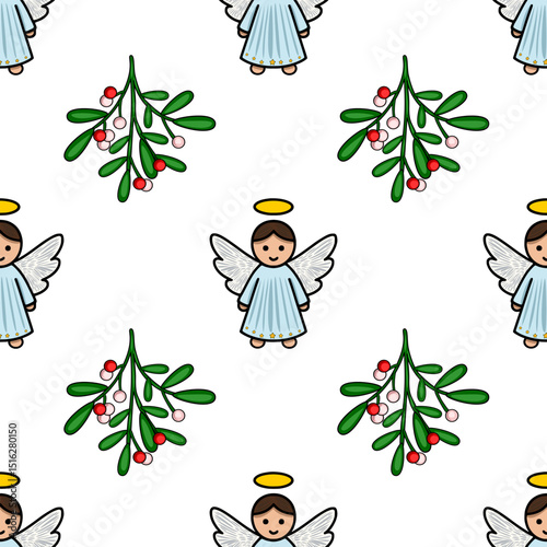 Seamless vector pattern featuring charming cartoon angels with halos and mistletoe sprigs, creating a festive Christmas design.