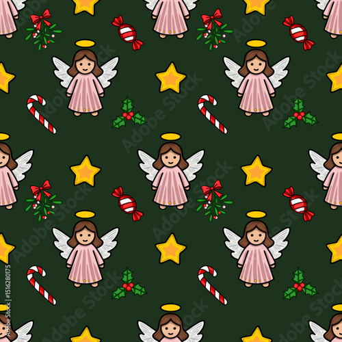 Seamless vector Christmas pattern with cute angels, candy canes, stars, and mistletoe, featuring a dark green background and pastel pink angel dresses.