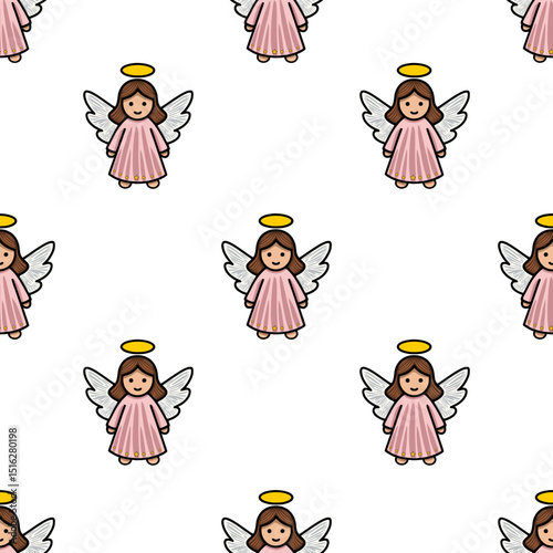 Seamless vector pattern of adorable cartoon angels with pink dresses, white wings, and golden halos, perfect for Christmas or religious designs.