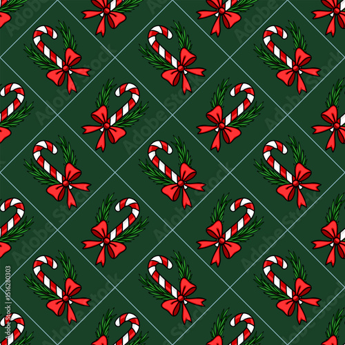Seamless vector Christmas pattern with candy canes, red bows, and fir branches on a dark green background, arranged in a diamond grid.