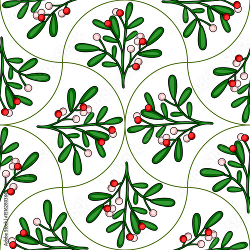 Seamless vector pattern of stylized mistletoe branches with red and pink berries, arranged in a repeating geometric design with curved lines on a white background.