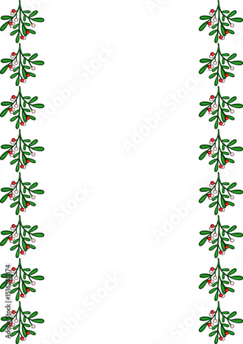 Festive Christmas vector border design featuring repeating mistletoe sprigs with red and white berries, perfect for holiday cards and invitations.