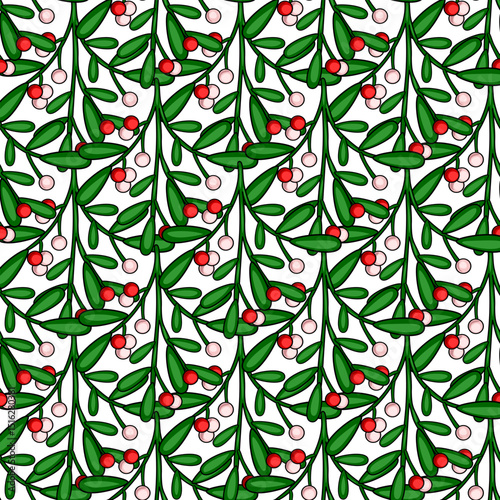 Seamless vector pattern of stylized mistletoe branches with red and pink berries on a white background, perfect for Christmas holiday designs.