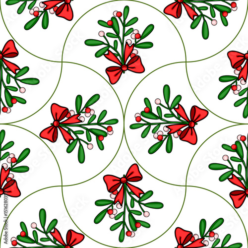 Seamless vector Christmas pattern with mistletoe sprigs tied with red bows, arranged in a repeating design against a white background, featuring curved green lines.