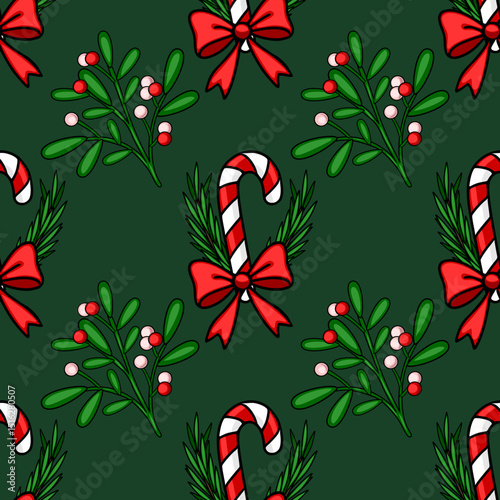 Seamless vector Christmas pattern with candy canes, mistletoe, and red bows on a dark green background, perfect for festive wrapping paper or holiday cards.