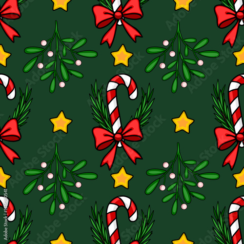 Seamless vector Christmas pattern with candy canes, mistletoe, stars, and red bows on a dark green background, perfect for festive designs and holiday wrapping paper.