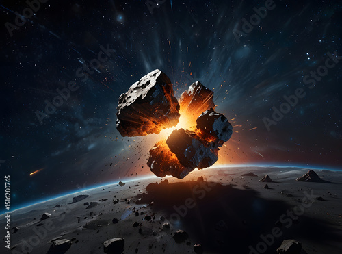 A large asteroid flying through space, a Milky Way meteorite spinning in deep space