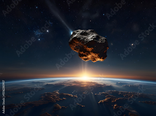 A comet or shooting star, asteroid or meteorite falls to the ground and sparkles.