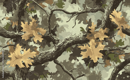 Camouflage seamless pattern. Forest real tree camouflage design. Hunting camouflage.