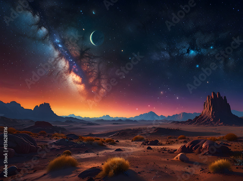 Abstract space scene of galaxy with glowing planets and stars on a colorful fantasy nebula.