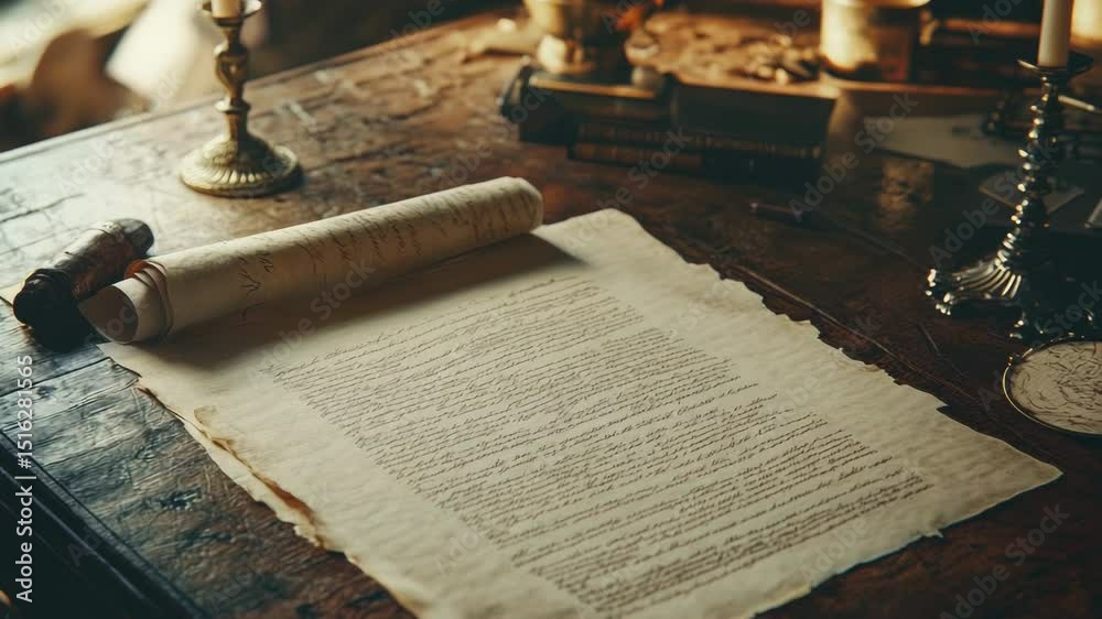 A scroll of paper sitting on a table, a simple yet elegant setup