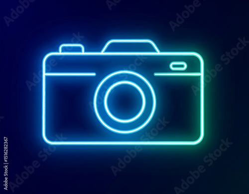 Neon camera icon on dark background