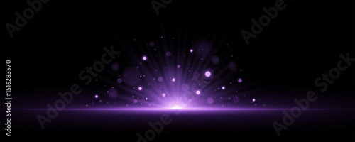 Abstract purple backlight effect with radial beams and bright lights bokeh isolated on black background. Glittering flash with dynamic rays and sparks. Vector illustration