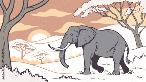 African Elephant in wilderness at Sunset stock Elephant, Animal Wildlife, Sunset, Animal, African Elephant in snowy background vector illustration.
