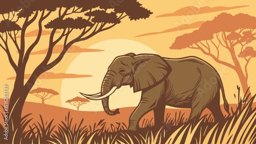 African Elephant in wilderness at Sunset stock Elephant, Animal Wildlife, Sunset, Animal, African Elephant vector illustration.