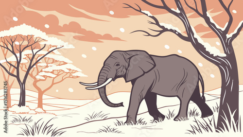 African Elephant in wilderness at Sunset stock Elephant, Animal Wildlife, Sunset, Animal, African Elephant in snowy background vector illustration.