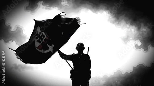 Man is waving flag, silhouette military parson waving flag