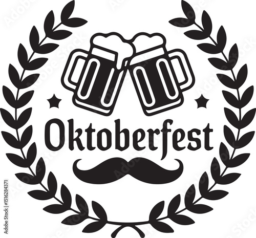 Oktoberfest celebration design featuring beer mugs laurel wreath and classic mustache element