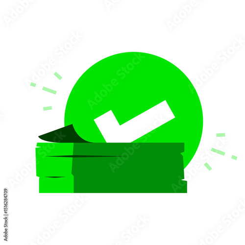 Payment received illustration. Flat design of money with check mark icon. successful transaction, completed, or money accepted. for finance apps, banking confirmation, and online payment systems