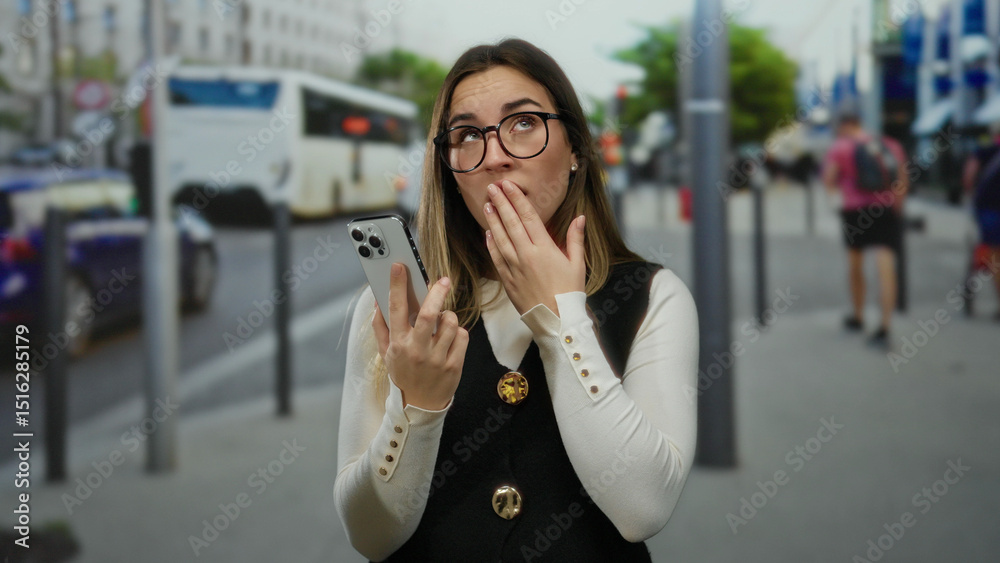 Fototapeta premium Young woman with smartphone looks confused on a city street surrounded by traffic and pedestrians during daylight.