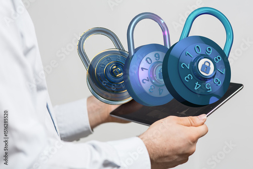 Image of combination locks hovering over a tablet, symbolizing digital security and data protection.