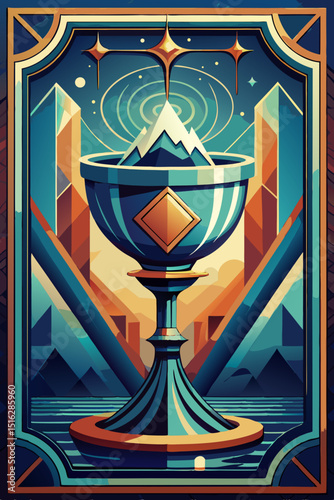 Tarot Card Illustration with Chalice and Mountain Peaks. A stylized tarot card featuring a chalice filled with mountain peaks, set against an art deco backdrop