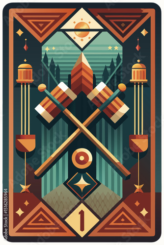 Artistic tarot card with a detailed illustration in an ornate frame, featuring crossed staffs, geometric shapes and night scene in the background