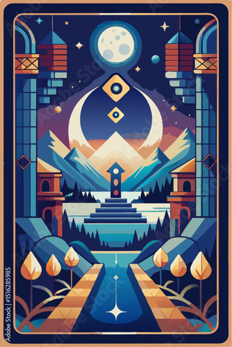 Mystical landscape with ancient architecture under a crescent moon and full moon, featuring a central obelisk-like structure and a tranquil lake. The color palette is rich and deep, with blues.