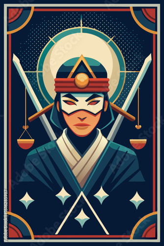 A portrait of a person in an artistic style with an Eastern theme, holding a sword and balance, with a mask covering the lower part of their face. 