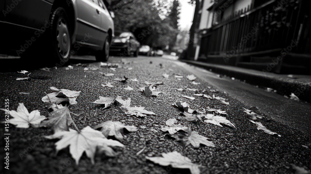 Obraz premium Monochrome Serenity: Fallen Leaves Adorn a Quiet Streetscape in Autumn