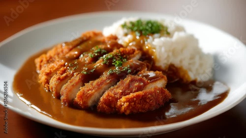 Delicious crispy breaded cutlet with rich gravy served with fluffy white rice on a white plate in a cozy dining setting photo