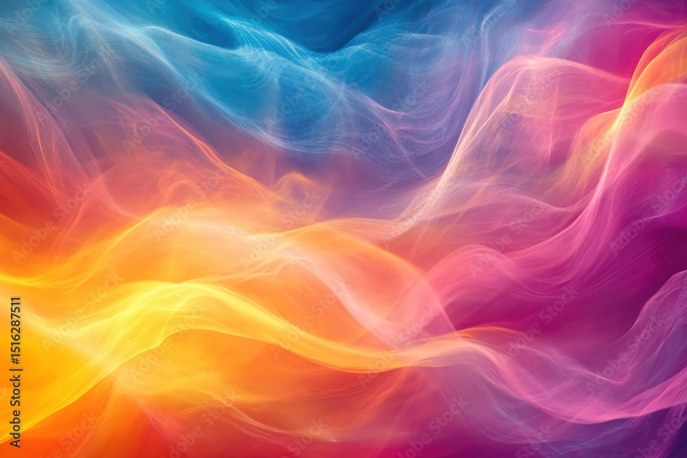Fototapeta premium Abstract flowing smoke in blue, orange, pink, and yellow hues. Useful for creative graphic design backgrounds, and presentations.