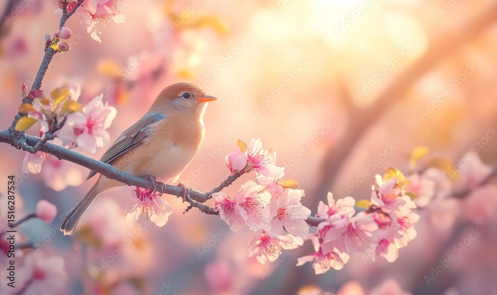 Bird on Cherry Blossom Branch at Sunrise Bird on Cherry Blossom Branch at Sunrise