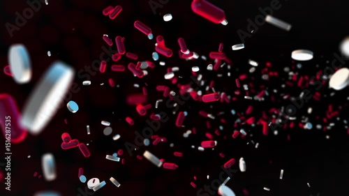 Dynamic animation of red and white capsules and tablets moving rapidly through a dark environment, simulating the bloodstream or internal human body.