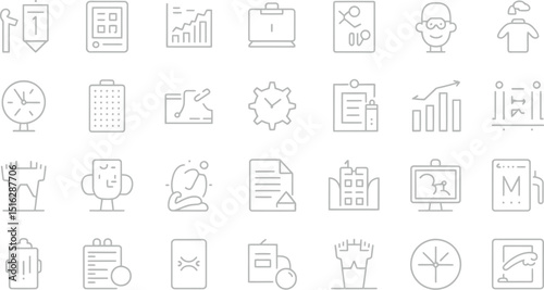 A set of thin line icons depicting business and office related symbols in a grid arrangement