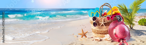 Beach Vacation - Bag And Accessories On Tropical Sand With Defocused Ocean - Summer Holiday